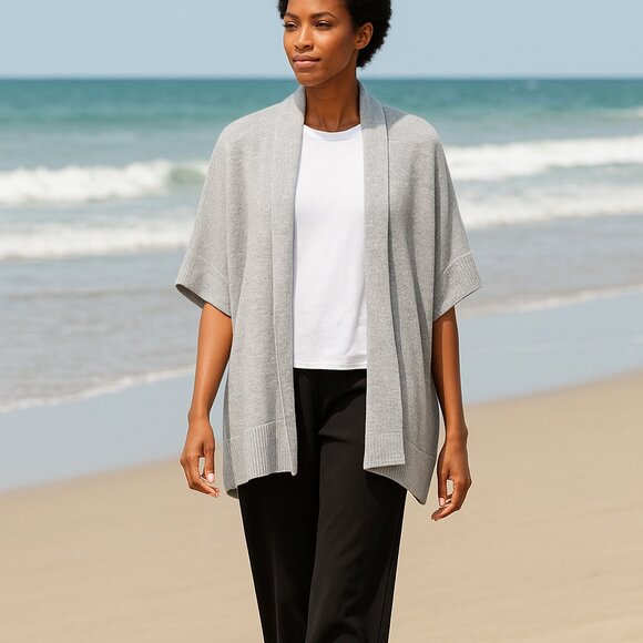 Eileen Fisher Linen Cotton Cardigan Smoke Gray Boxy Open Front Short Sleeve M - Picture 1 of 8